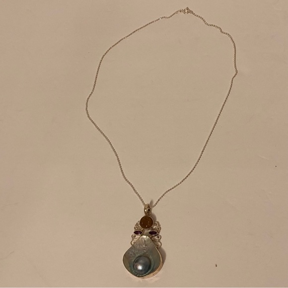 NECKLACE AGI STERLING SILVER BALL CHAIN 20” MABE BLISTER PEARL DRUZY ENHANCER - Picture 8 of 11